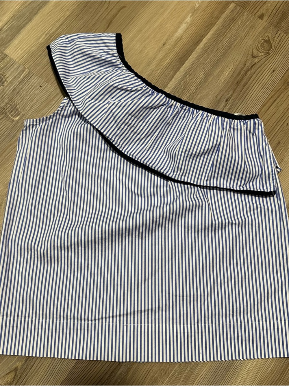 J. Crew Blue and White One-Shoulder Ruffle Top with Navy Trim